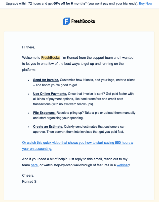 FreshBooks welcome email screenshot listing tips to send invoices, use online payments, file expenses and estimates