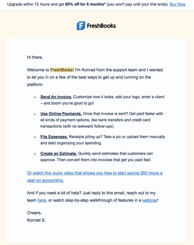 FreshBooks welcome email screenshot listing tips to send invoices, use online payments, file expenses and estimates