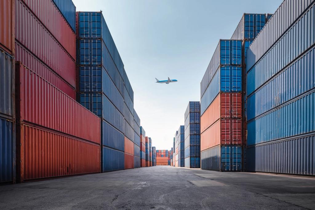 Rows of stacked shipping containers line a cargo terminal corridor.