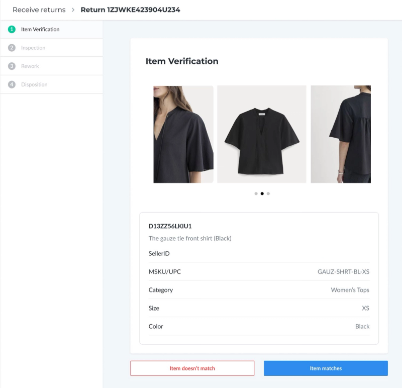 Flexport Seller Portal Receive Returns item-verification screen with garment photos and product attributes