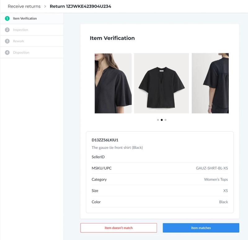 Flexport Seller Portal Receive Returns item-verification screen with garment photos and product attributes