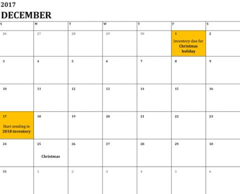 December 2017 calendar marking Dec 1 as inventory due for Christmas, Dec 17 to start sending 2018 inventory, and Christmas on Dec 25