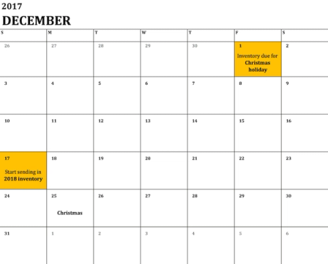 December 2017 calendar marking Dec 1 as inventory due for Christmas, Dec 17 to start sending 2018 inventory, and Christmas on Dec 25