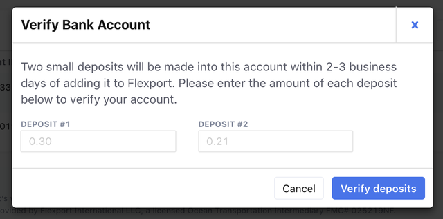 Flexport Verify Bank Account modal prompting entry of two small deposit amounts to confirm an ACH bank account