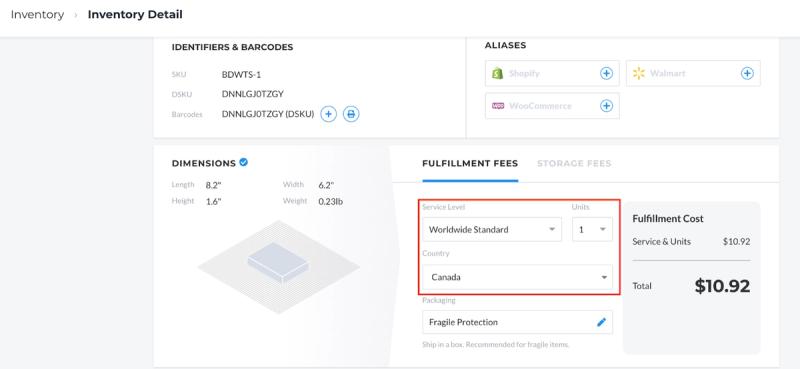 Flexport Seller Portal inventory detail screen showing dimensions and a $10.92 worldwide fulfillment fee to Canada