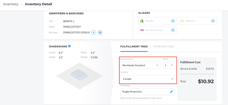 Flexport Seller Portal inventory detail screen showing dimensions and a $10.92 worldwide fulfillment fee to Canada