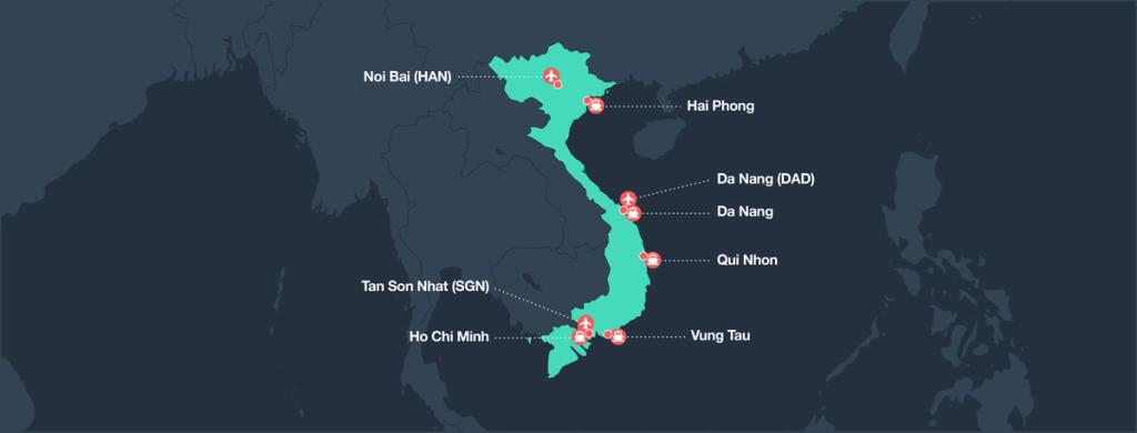 Map of Vietnam marking airports and seaports including Hanoi, Da Nang, Ho Chi Minh, Hai Phong, Vung Tau