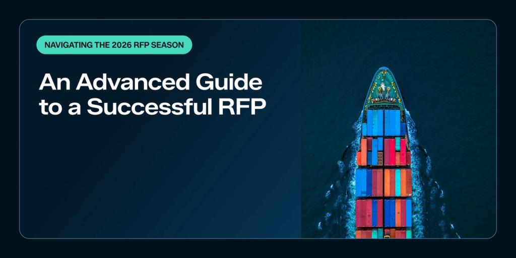 Aerial top-down view of a colorful container ship at sea with title card 'An Advanced Guide to a Successful RFP' and 'Navigating the 2026 RFP Season' label