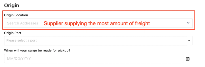 Flexport quote Origin form with Origin Location field highlighted in red, annotated to enter the supplier that supplies the most freight