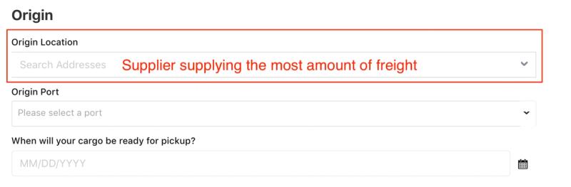 Flexport quote Origin form with Origin Location field highlighted in red, annotated to enter the supplier that supplies the most freight