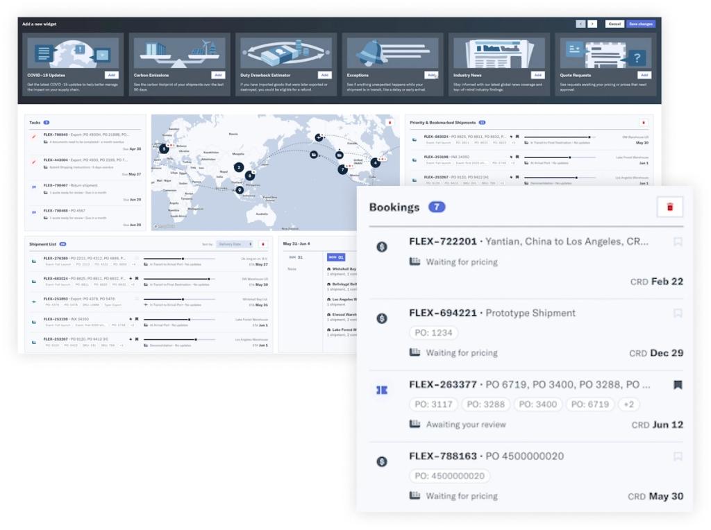 Flexport platform dashboard showing a world freight map, tasks, and a bookings list of ocean shipments
