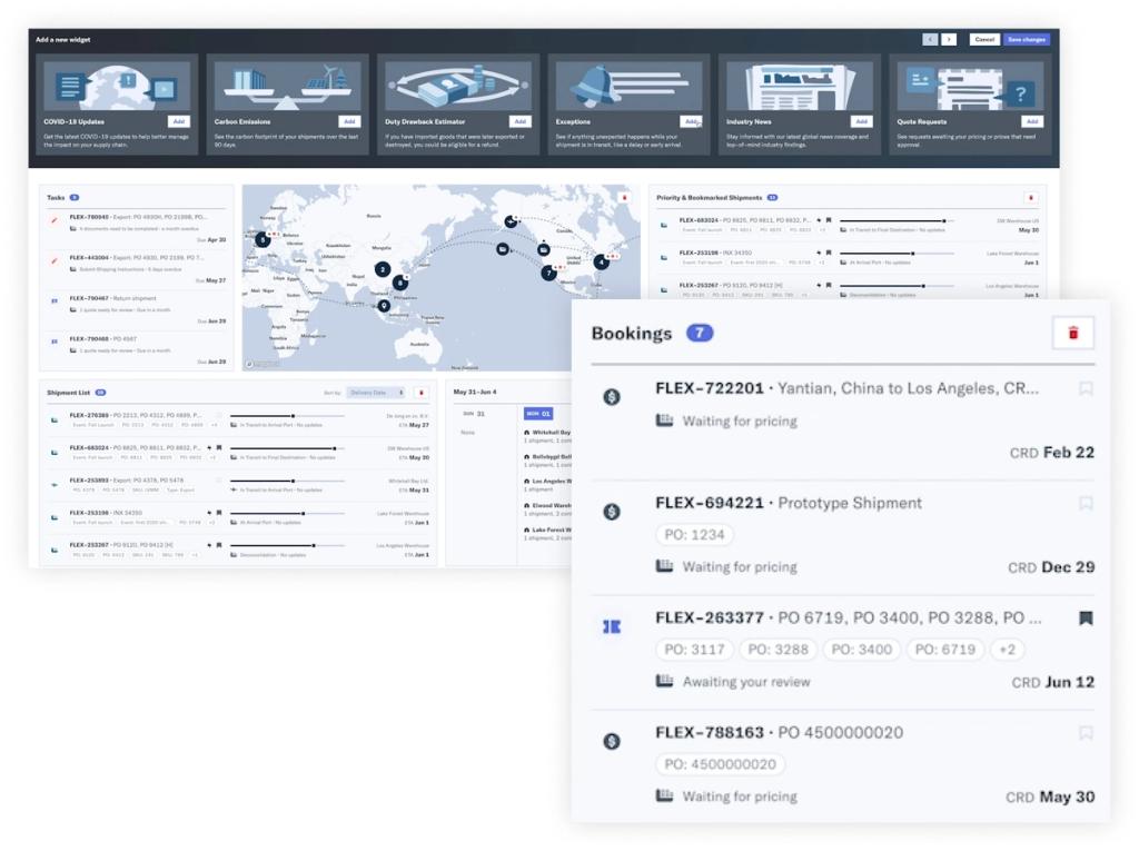 Flexport platform dashboard showing a world freight map, tasks, and a bookings list of ocean shipments