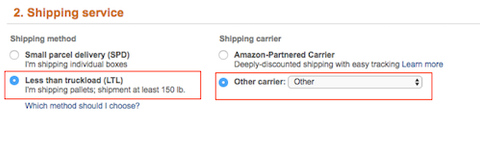 Amazon Seller Central Shipping service section with Less than truckload (LTL) and Other carrier set to Other highlighted for Flexport delivery