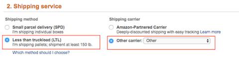 Amazon Seller Central Shipping service section with Less than truckload (LTL) and Other carrier set to Other highlighted for Flexport delivery