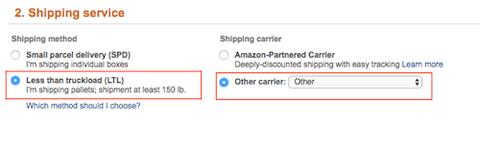 Amazon Seller Central Shipping service section with Less than truckload (LTL) and Other carrier set to Other highlighted for Flexport delivery