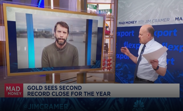 CNBC Mad Money still: Jim Cramer interviews a remote guest, chyron reads Gold sees second record close for the year