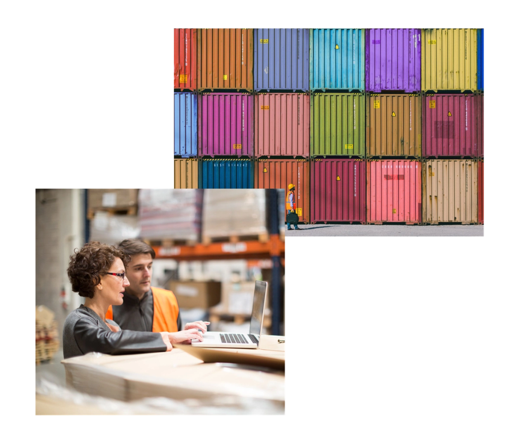 Wall of stacked multicolored shipping containers above a photo of two warehouse workers reviewing data on a laptop.