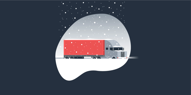Flat illustration of a red semi-truck driving through falling snow at night on a dark navy background