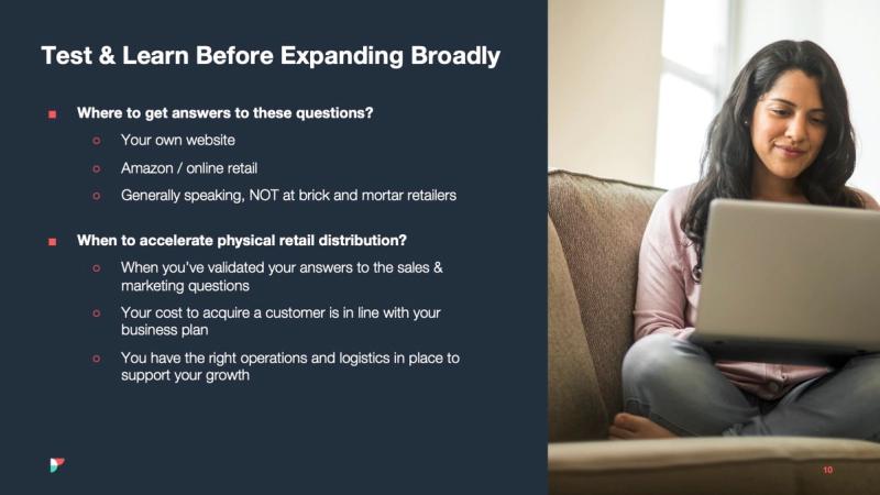 Slide titled Test & Learn Before Expanding Broadly beside a woman using a laptop on a couch