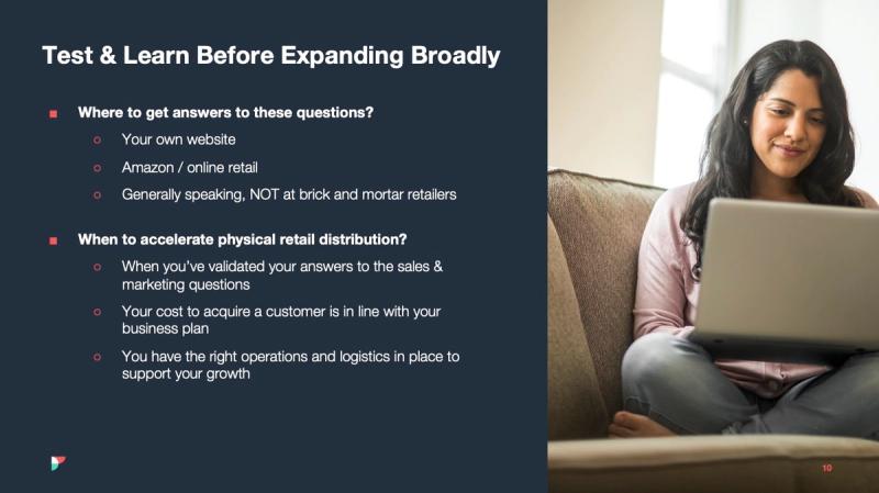 Slide titled Test & Learn Before Expanding Broadly beside a woman using a laptop on a couch