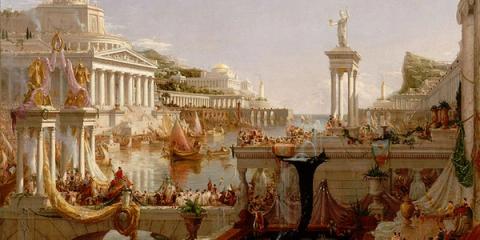 Painting of an idealized ancient Roman harbor with marble columns, temples, ships and crowds