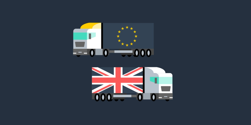 Illustration of two semi trucks, one trailer with the EU flag and one with the UK Union Jack flag, on a dark navy background