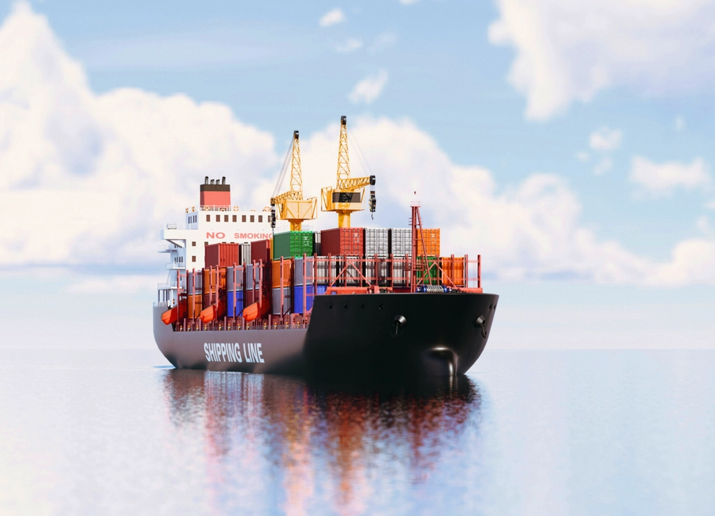 A cargo ship loaded with shipping containers travels across calm water.