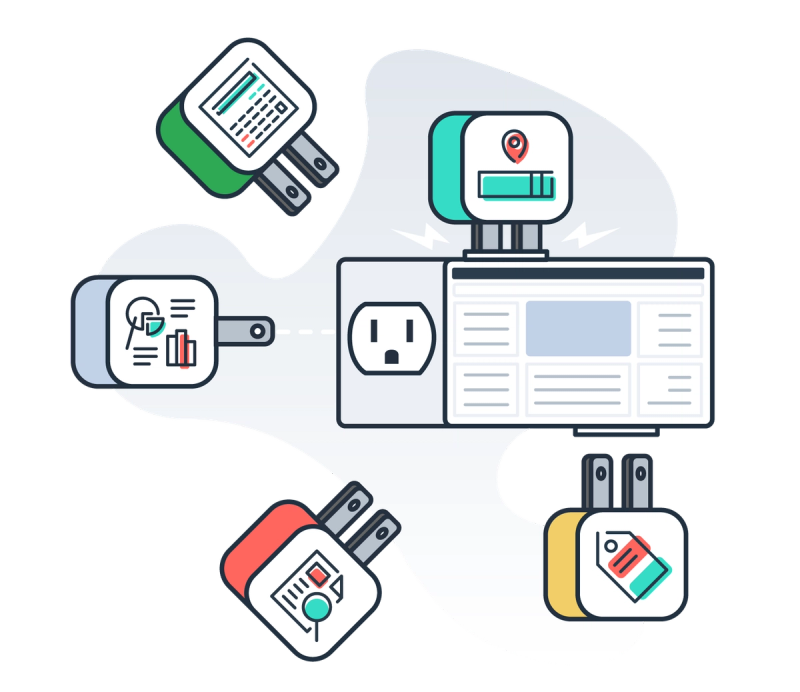Illustration of plug adapters connecting into a dashboard, representing the Flexport platform as a single source of truth