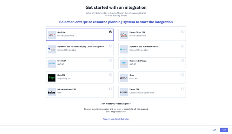 Integration setup screen for choosing an ERP system such as NetSuite, Dynamics 365 or SAP S/4HANA