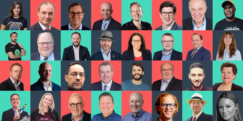 Grid of 32 headshot portraits on alternating teal and coral backgrounds