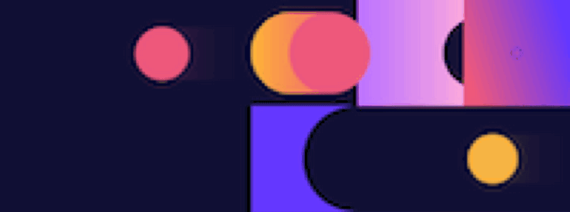 Abstract animated background of colorful geometric shapes—pink, orange, and purple circles and rounded rectangles on dark navy.