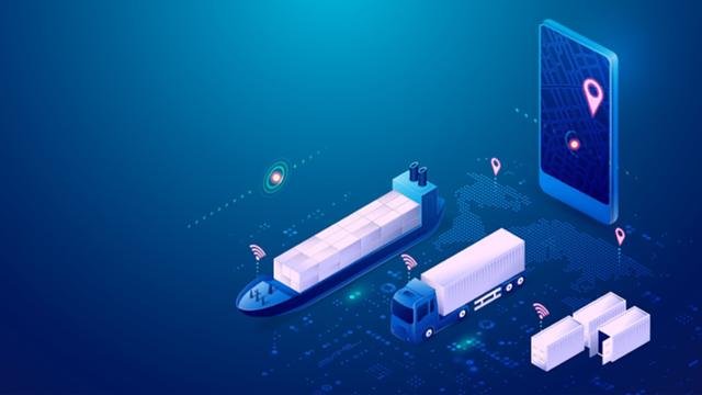 Isometric illustration of a container ship, truck, shipping containers and phone with map pins tracking shipments on a blue digital world map