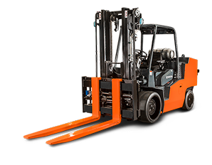 Orange and black industrial forklift with twin steel forks, vertical lifting mast, overhead operator cage, and rear counterweight, shown in profile.