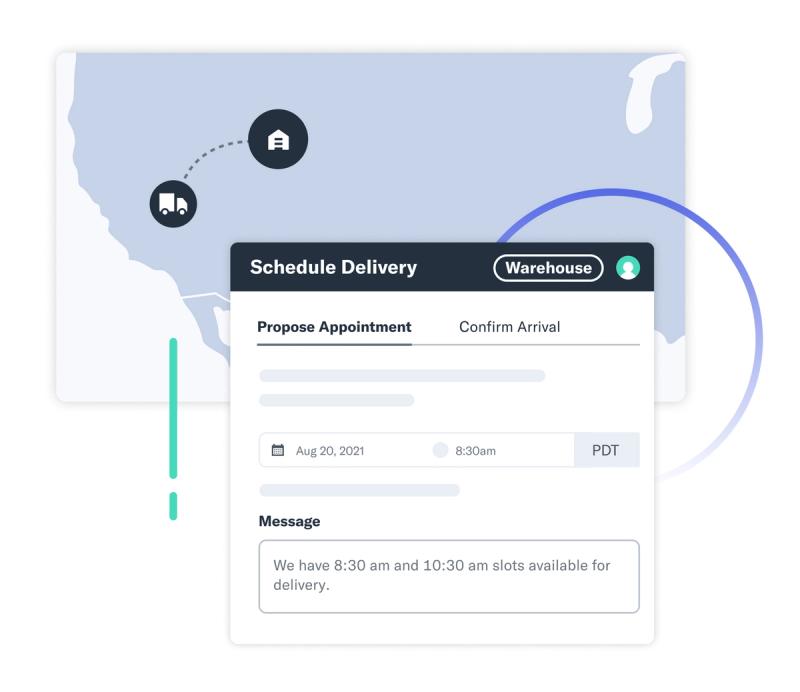 UI illustration of a Schedule Delivery card with a US map showing a truck routed to a warehouse