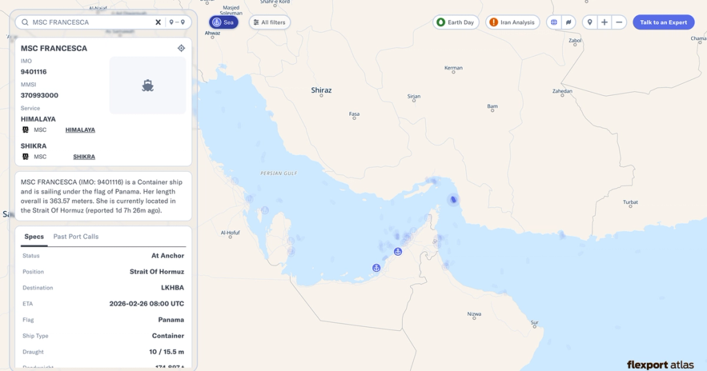 Flexport Atlas vessel tracker showing container ship MSC Francesca at anchor in the Strait of Hormuz