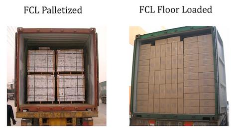 Side-by-side photos of a container loaded FCL palletized with boxes on pallets versus FCL floor loaded with boxes stacked directly on the floor
