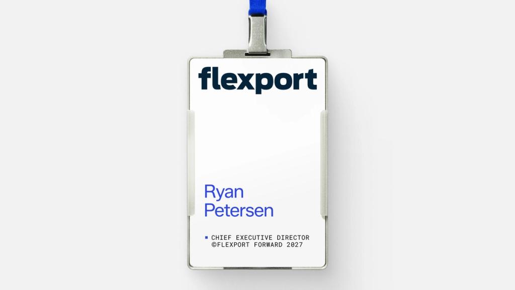 Flexport employee badge for Ryan Petersen, Chief Executive Director, Forward 2027.