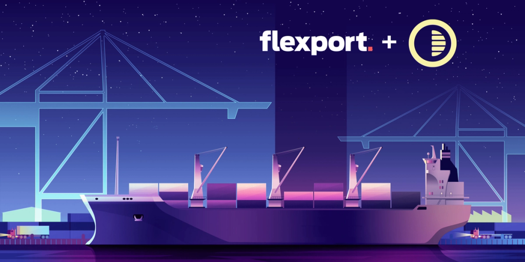 Stylized illustration of a cargo ship and port cranes at night with Flexport and On Deck logos