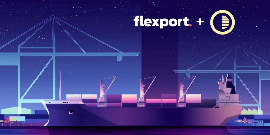 Stylized illustration of a cargo ship and port cranes at night with Flexport and On Deck logos