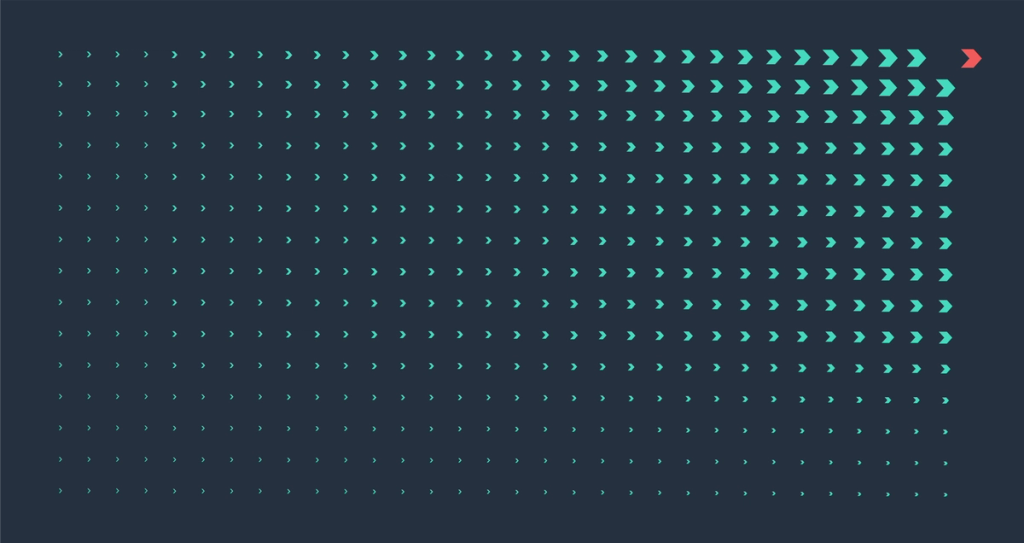 Abstract grid of teal chevron arrows pointing right with one red arrow leading, on dark background