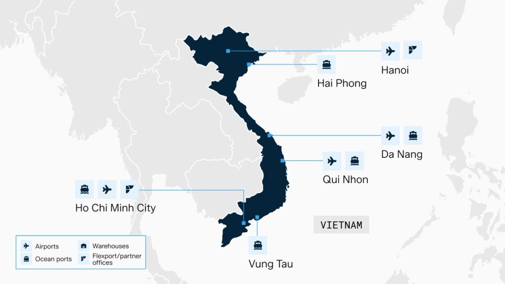 Map of Vietnam with ports and airports