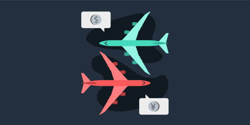 Flat illustration of two airplanes, teal and red, with speech bubbles showing dollar and yen currency symbols