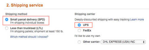 Amazon Seller Central shipping service step with Small parcel delivery (SPD) and UPS carrier selected, highlighted in red boxes