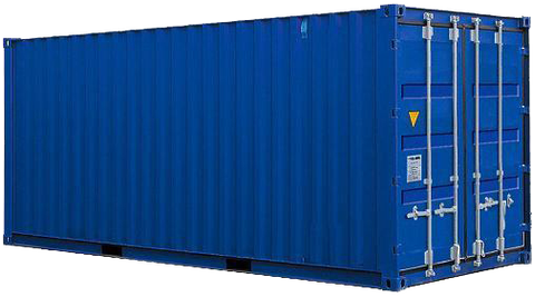 Blue standard 20-foot steel intermodal shipping container shown at an angle, with corrugated side walls and closed double cargo doors at one end.