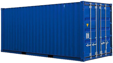 Blue standard 20-foot steel intermodal shipping container shown at an angle, with corrugated side walls and closed double cargo doors at one end.
