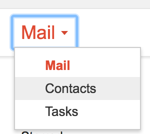 Webmail Mail menu dropdown expanded showing Mail, Contacts, and Tasks options for managing email settings