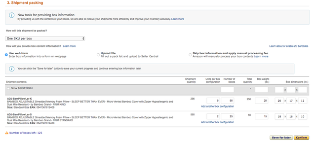 Amazon Seller Central Shipment packing step showing One SKU per box, Use web form selected, and box configuration rows for two pillow SKUs.