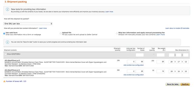 Amazon Seller Central Shipment packing step showing One SKU per box, Use web form selected, and box configuration rows for two pillow SKUs.