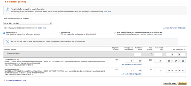 Amazon Seller Central Shipment packing step showing One SKU per box, Use web form selected, and box configuration rows for two pillow SKUs.