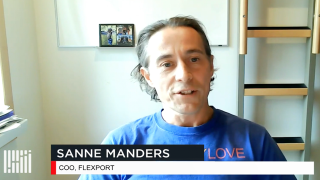 Video interview still of Sanne Manders, COO of Flexport, on a remote call, with a FreightWaves lower-third caption